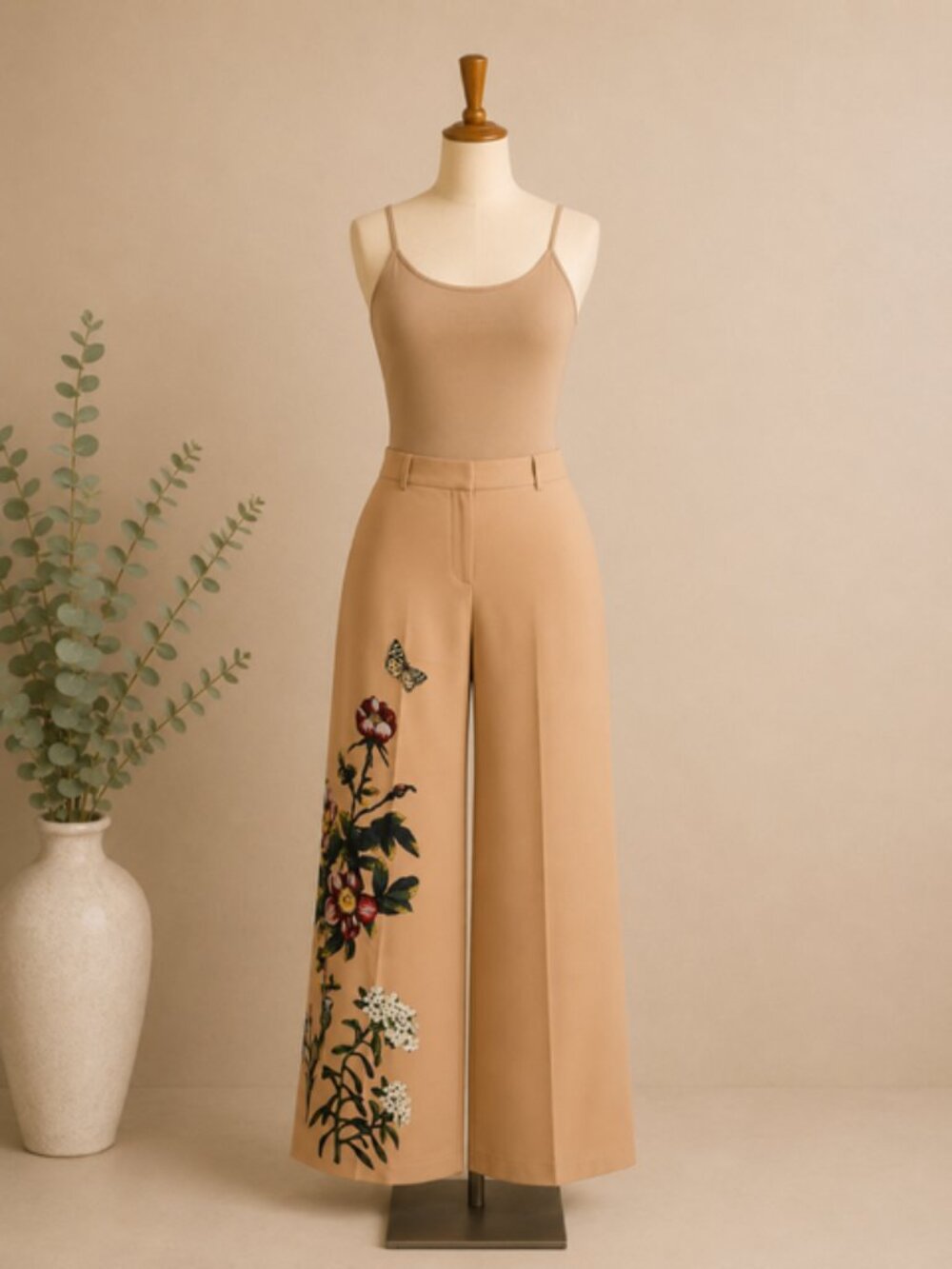 Tan Floral High-Waisted Wide Leg Pants - Medium - New With Tags
